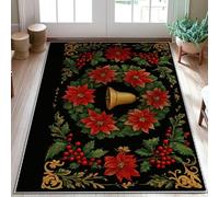Tapis de Noël à poils ras avec cloche, poinsettia festif, houx, Noël, rouge, tapis rectangulaire imprimé accents tapis de salle de bain, entrée, chevet, décoration de porte, 0,9 x 1,5 m