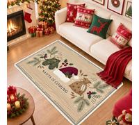 Tapis de Noël avec citation Santa is Coming Holiday 1,2 x 1,8 m | Texture rustique en grain de bois, moufles festives et sacs cadeaux, baies de houx saisonnières, décoration d'entrée
