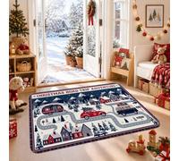 Tapis de Noël avec paysage hivernal pour voyage, aventure, 61 x 0,9 m | Scène de voyage d'hiver, camionnettes de camping vintage, village couvert de neige, paysage de montagne