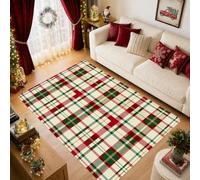 Tapis de Noël classique à carreaux sur le thème des vacances, 1,5 x 2,1 m | Rayures tartan entrelacées, fond crème, accents de saison d'hiver, revêtement de sol d'entrée, atmosphère chaleureuse à la