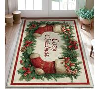 Tapis de Noël festif en sucre d'orge avec branches de pin de Noël avec envers antidérapant - Résistant à la décoloration - Pour buanderie, salle de bain, porte d'entrée - 0,9 x 1,5 m