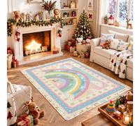 Tapis de Noël motif renne arc-en-ciel pastel 1,2 x 1,8 m | Silhouettes de rennes, accents de flocon de neige, palette de couleurs pastel, bordure fantaisie, thème d'hiver doux