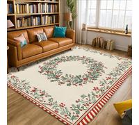 Tapis de Noël rustique à poils courts en mousse à motif couronne de Noël - Ne perd pas ses poils - Pour salon, chambre à coucher, sous le lit, appartement - 1,5 x 2,1 m