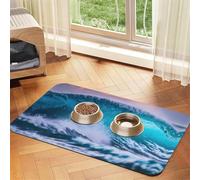 Tapis de nourriture absorbant et antidérapant en cuir synthétique pour chiens et chats Motif vagues de l'océan Bleu