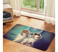 Tapis de nourriture absorbant pour chien et chat - Séchage rapide - Distributeur d'eau - Antidérapant - Attrape-rêves - Blanc - Plumes - Tapis de gamelle pour chat - Accessoires pour animaux de