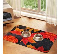 Tapis de nourriture pour animaux de compagnie avec imprimé feuilles rouges - Absorbant et antidérapant - En cuir synthétique - Pour chiens et chats