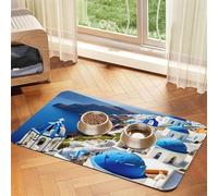 Tapis de nourriture pour animaux de compagnie imprimé île grecque avec vue sur la mer, tapis absorbant et antidérapant en cuir synthétique pour chiens et chats avec fond en caoutchouc