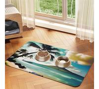 Tapis de nourriture pour animaux de compagnie imprimé palmiers tropicaux, tapis absorbant et antidérapant en cuir synthétique pour chiens et chats, fond en caoutchouc