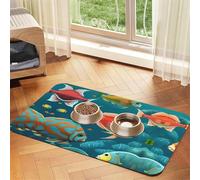 Tapis de nourriture pour animaux de compagnie Motif poissons sous-marins Tapis absorbant antidérapant en cuir PU pour chien chat