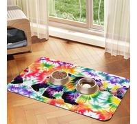 Tapis de nourriture pour chat imprimé Tie Dye - Motif ours dansant - Tapis d'alimentation pour le sol - Fournitures pour animaux domestiques - Tapis de gamelle d'eau pour chien - Essentiels pour chien