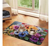 Tapis de nourriture pour chien à motif fleurs de pensées - 40,6 x 61 cm - Antidérapant et super absorbant - Passe au lave-vaisselle - Tapis d'alimentation en caoutchouc à séchage rapide pour chiens