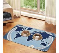 Tapis de nourriture pour chien avec motif carte du monde bleue, 30,5 x 45,7 cm, antidérapant, super absorbant, passe au lave-vaisselle, pour la nourriture et l'eau, joli tapis d'alimentation en