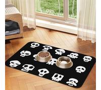 Tapis de Nourriture pour Chien Blanc Motif tête de Mort drôle sur Fond Noir, Absorbant et à séchage Rapide, avec Caoutchouc antidérapant pour gamelles d'eau et de Nourriture pour Chien.