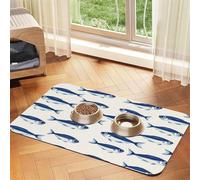 Tapis de Nourriture pour Chien Bleu à Petites Sardines, Absorbant et à séchage Rapide, avec Caoutchouc antidérapant pour gamelles d'eau et de Nourriture pour Chien.
