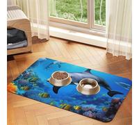 Tapis de nourriture pour chien, motif dauphin dans le récif de corail, tapis d'alimentation absorbant pour gamelles d'eau et de nourriture pour gamelles d'eau, tapis de placement antidérapant pour le