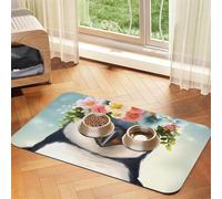 Tapis de nourriture pour chien, motif pingouin portant des fleurs, tapis d'alimentation absorbant pour gamelles d'eau et de nourriture - Tapis de placement antidérapant pour sols - Imperméable
