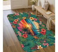 Tapis de palmier, tapis tropical vibrant, fleurs de coucher de soleil d'été, vert, à poils courts en éponge, esthétique, tapis rectangulaire pour salle de bain, entrée, cuisine, chevet, 0,9 x 1,5 m