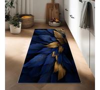Tapis de Passage Couloir Antiderapant 50 x 140 cm, Tapis de Cuisine Lavable Art Luxueux d'entrée Intérieur Plumes Abstraites Bleues Dorées Fleurs pour Salon Chambre à Coucher Salle à Manger