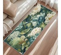 Tapis De Passage Fleur De Pivoine, Tapis De Couloir Feuilles Vertes Hortensia, 65x240cm Carpet pour Cuisine Lave-Linge Et Balcon Rugs Antidérapant Poils Ras Lavable en Machine