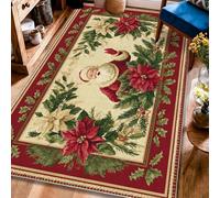 Tapis de Père Noël traditionnel poinsettia de Noël avec envers antidérapant - Ne perd pas ses poils - Pour salon, chambre à coucher, couloir, bureau, décoration de bureau - 1,2 x 1,8 m