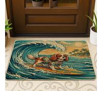 Tapis de plage Cavalier King Charles épagneul chien surfant noir paillasson extérieur intérieur 73,6 x 43,2 cm, paillasson d'extérieur côtier d'été ultra fin, petit imprimé cool chaussures hors de