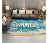 Tapis de Plage d’été Vagues de l’océan illustré Lettres audacieuses Bleu Tapis à Poils Ras lavables faciles d’Entretien pour Bureau Cuisine Salon 180x300cm
