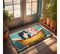Tapis de porche avec deux chats dans une baignoire dorée pour décoration de maison ou camping-car (65 x 90 cm)