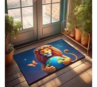 Tapis de porche avec lion tenant la terre, papillon volant à proximité - Décoration de porte d'automne (65 x 90 cm)