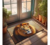 Tapis de porche avec un lion majestueux aux yeux dorés - Décoration de porte d'automne (65 x 90 cm)