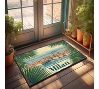 Tapis de porche d'automne vintage Milan Paysage urbain avec feuilles de palmier Encadrement Paillasson Décoration d'automne Extérieur (65 x 90 cm)