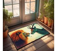 Tapis de porche d'extérieur Deux bêtes majestueuses : lion et cerf en harmonie Tapis rétro Tapis de cuisine rustique (40 x 60 cm)