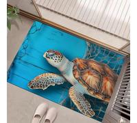 Tapis de Porte, 60 x 120 cm Profil Bas Thème Nautique Paillasson Interieur Entree Filet Pêche Aux Tortues Marines Tapis de Sol Antidérapant Lavable Doux et Pratique pour Entrée, Couloir, Cuisine, Bleu