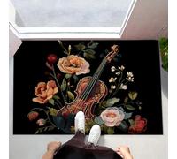 Tapis De Porte 90 x 150 cm, Paillasson Interieur Antidérapant Violon Fleurs, Paillasson Entrée Absorbe Lavable Élégant Floral, Tapis pour L'Intérieur Durable pour Couloir, Noir
