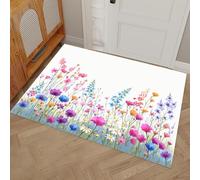 Tapis de Porte, 90 x 150 cm Profil Bas Aquarelle Onirique Paillasson Interieur Entree Mer De Fleurs Sauvages Tapis de Sol Antidérapant Lavable Doux et Pratique pour Entrée, Couloir, Cuisine, Bleu