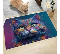 Tapis de Porte, 90 x 150 cm Profil Bas Art Abstrait Paillasson Interieur Entree Portrait De Chat Whirlpool Tapis de Sol Antidérapant Lavable Doux et Pratique pour Entrée, Couloir, Cuisine, Bleu-Violet