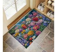 Tapis de Porte, 90 x 150 cm Profil Bas Jardin Anglais Paillasson Interieur Entree Tulipes, Coquelicots, Fleurs Sauvages Tapis de Sol Antidérapant Lavable pour Entrée, Couloir, Cuisine, Bleu-Vert