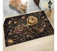 Tapis de Porte à Poils Courts, 90 x 150 cm Paillasson à Roses D'Or Et D'Argent Antidérapant Lavable Mélancolie Rétro Florale Tapis De Sol Attrape-Poussière pour Couloir, Escalier, Entrée, Jaune Doré