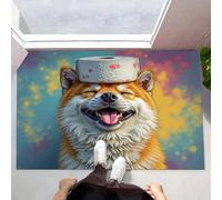Tapis de Porte à Poils Courts, 90 x 150 cm Paillasson à Shiba Inu Heureux Antidérapant Lavable Peintures À L'Hui D'Animaux Dessin Animé Tapis De Sol pour Couloir, Escalier, Entrée, Brun Jaunâtre