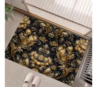 Tapis de Porte à Poils Courts, 90 x 150 cm Paillasson à Vignes Et Fleurs Antidérapant Lavable Éléments De Volutes Baroques Tapis De Sol Attrape-Poussière pour Couloir, Escalier, Entrée, Jaune Doré