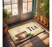 Tapis de porte amusant avec tasse de thé à la vapeur avec motif floral, tapis d'hiver, accessoires de chambre pour homme (65 x 90 cm)