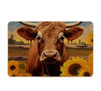 Tapis de porte antidérapant avec motif vache et tournesol - En bois sauvage - Marron et orange - Attrape la saleté - Pour bureau, garage, maison, salle de classe, piscine - Lavable et absorbant - 43,2