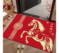 Tapis de porte antidérapant pour l'année du cheval rouge 40,6 x 61 cm pour | Motif cheval doré, phrases de bon augure, décoration festive, taille 40,6 x 61 cm, dos antidérapant