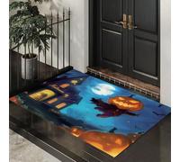 Tapis de Porte Cabane D'Halloween Lavable 60 x 120 cm, Tapis de Sol Personnage Citrouille Dessin Animé Antidérapant à l'intérieur, Paillasson Avant Intérieur pour Jardin, l'entrée du Hall- Bleu Foncé