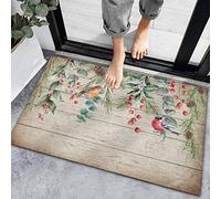 Tapis De Porte Christmas Eucalyptus Bird Berry Vintage Wood Grain Fir Tree Pine Cones Paillasson Résistant Paillasson D'Entrée Antidérapant Tapis De Bain pour Cuisine Chambre Salon 40X60CM