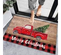 Tapis De Porte Christmas Red Truck Christmas Tree Farm Planks Retro Farmhouse Plaid Tapis De Bain Antidérapant Paillasson D'Entrée Absorbant Paillasson pour Chambre Baignoire Salon 40X60CM
