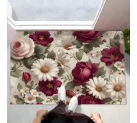 Tapis de Porte d’Intérieur Absorbantes Rétro Européen Tapis décoratif Antidérapant Lavable Roses, Marguerites Hibiscus Paillasson Doux Séchage Rapide pour Salle de Bain, Entrée et Couloir, 80 x 120 cm