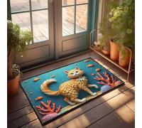 Tapis de porte d'automne en plein air avec aventure sous-marine : un conte de chat avec corail et poisson Paillasson de bienvenue pour entrée extérieure Tapis de sol de bureau (65 x 90 cm)