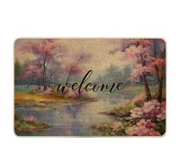 Tapis de porte de printemps - Peinture à l'aquarelle - Paysage naturel - Arbre, lac, rivière - Plante - Rose - Vert - Bleu - Caoutchouc antidérapant - Attrape la saleté - Intérieur - Porte d'entrée
