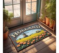 Tapis de porte d'entrée amusant Hollande Moulin à vent au milieu des champs de fleurs vibrantes Paillasson Man Cave Decor Tapis pour cuisine (40 x 60 cm)