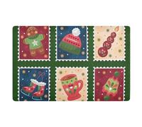 Tapis de porte d'entrée avec envers en caoutchouc antidérapant pour intérieur et extérieur - Motif timbres de Noël rouges et verts - 81,3 x 50,8 cm